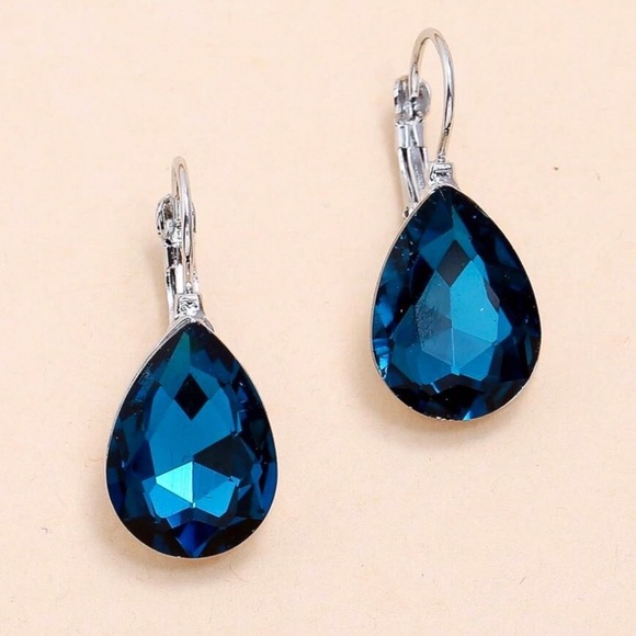 Any 2/$20! Silver Blue Crystal Lever Back Earrings - Picture 3 of 5